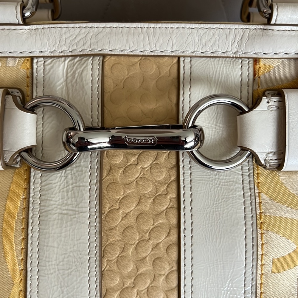 Vintage Coach Signature Double Handle Handbag. Yellow fabric, eggshell leather. - Picture 9 of 9